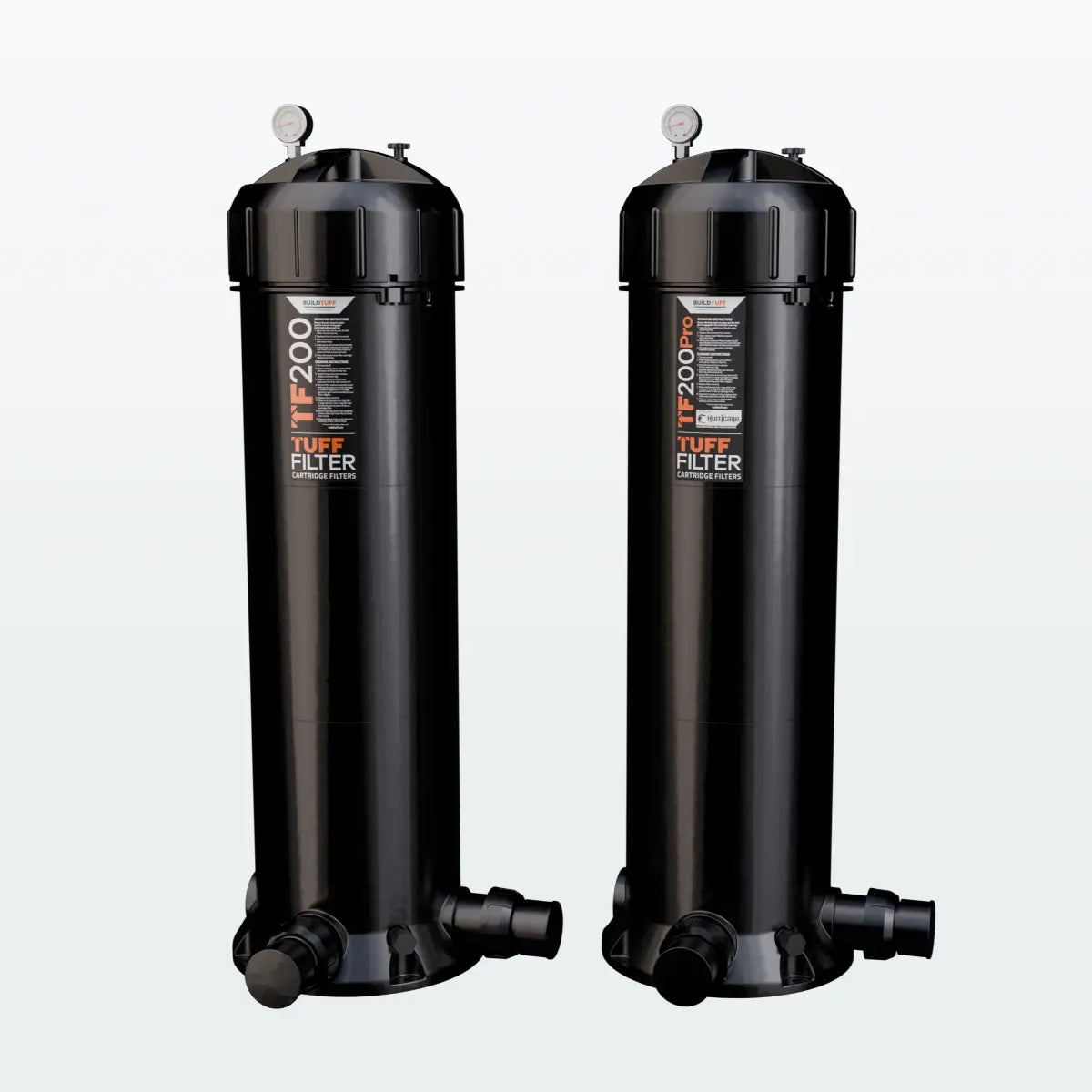 TuffFilter TF200 and TF200PRO pool cartridge filters side by side, showing the model label on each body