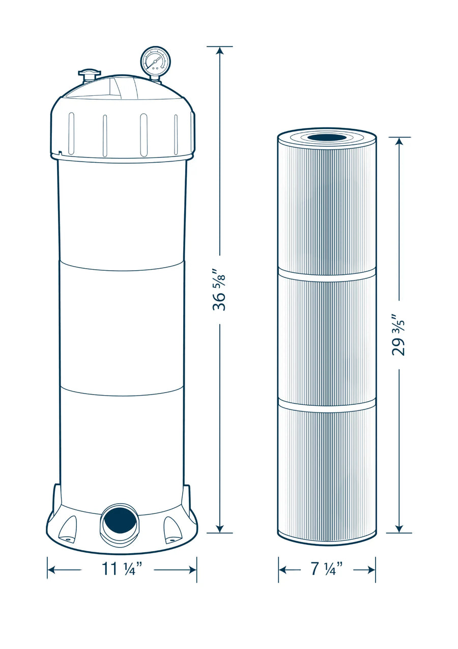 Dimensioned drawing: TuffFilter body and cartridge