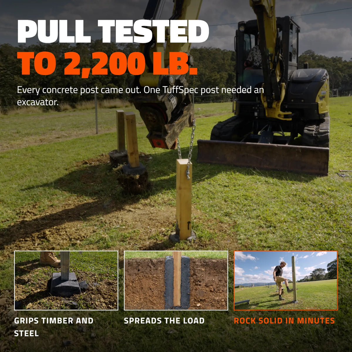 Excavator pull-testing fence posts set in TuffSpec, rated to 2,200 lbs of uplift