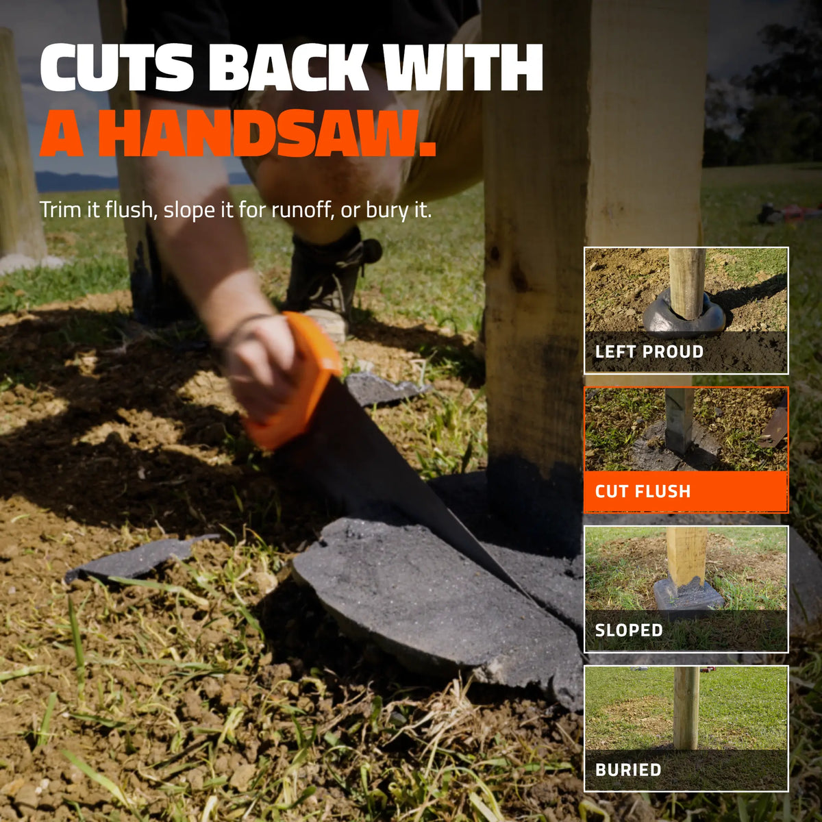 Trimming cured TuffSpec flush with a handsaw, with left proud, cut flush, sloped, and buried finish options shown