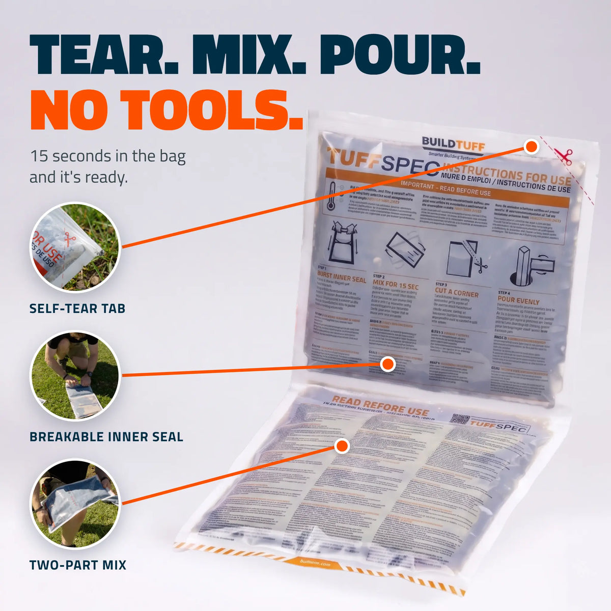 TuffSpec pouch opened flat showing the instructions for use, self-tear tab, and two-part mix