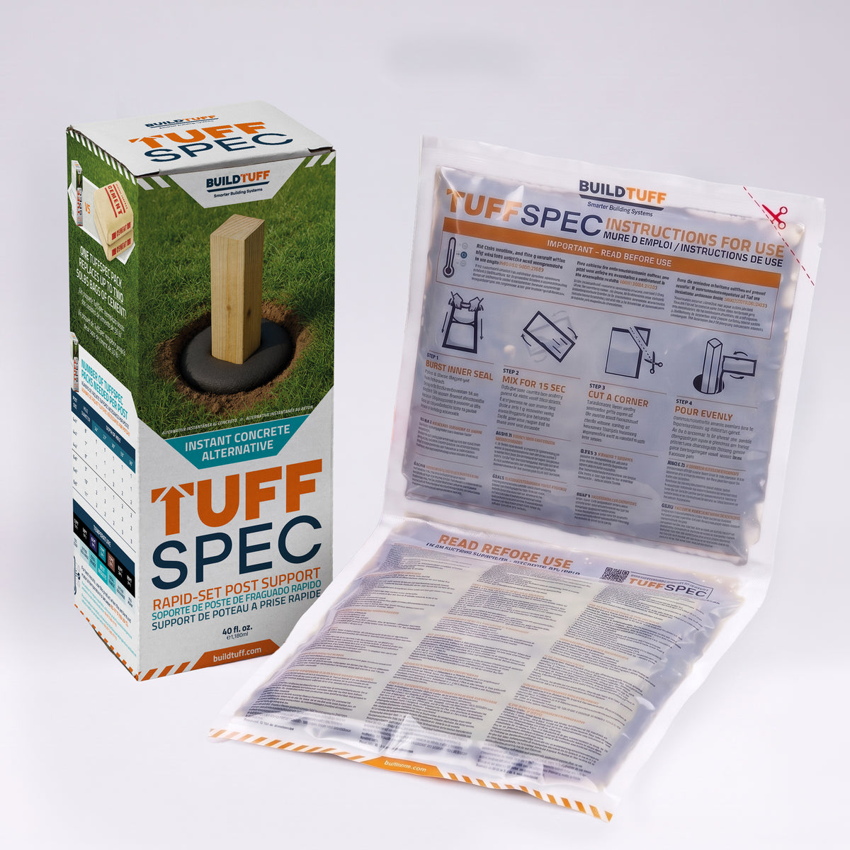 TuffSpec Ground Glue box next to its sealed mixing pouch, set into a fence post hole