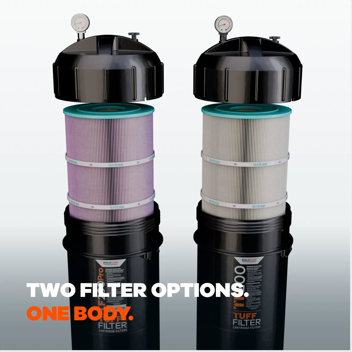 TuffFilter TF200 and TF200PRO with lids open, showing the two cartridge filter options available in the same body