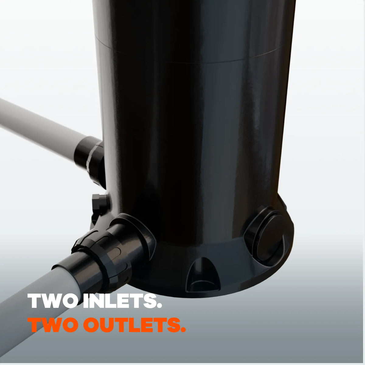 Close-up of the TuffFilter pool filter's two inlet and two outlet ports with pipe fittings connected
