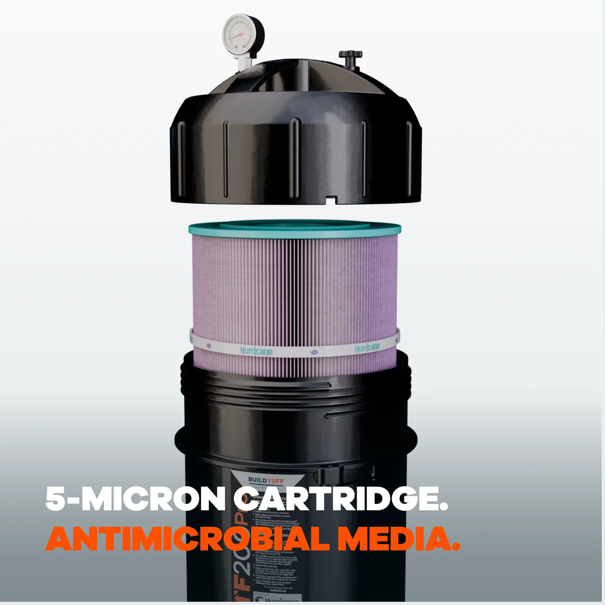 TuffFilter TF200PRO cartridge filter with lid removed, showing the 5-micron purple antimicrobial cartridge