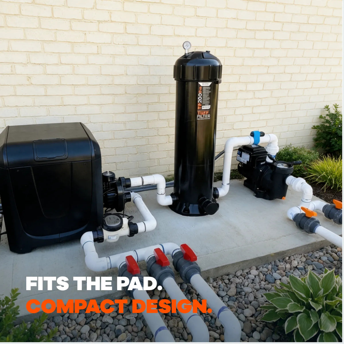 TuffFilter cartridge filter installed on a compact pool equipment pad alongside a pump and heater