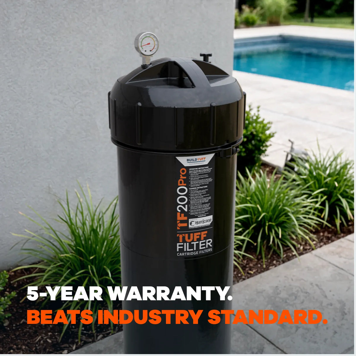 TuffFilter TF200PRO pool cartridge filter installed beside a residential pool
