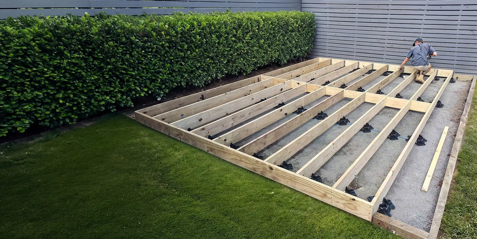 Builder on a finished deck subframe on TuffBlocks