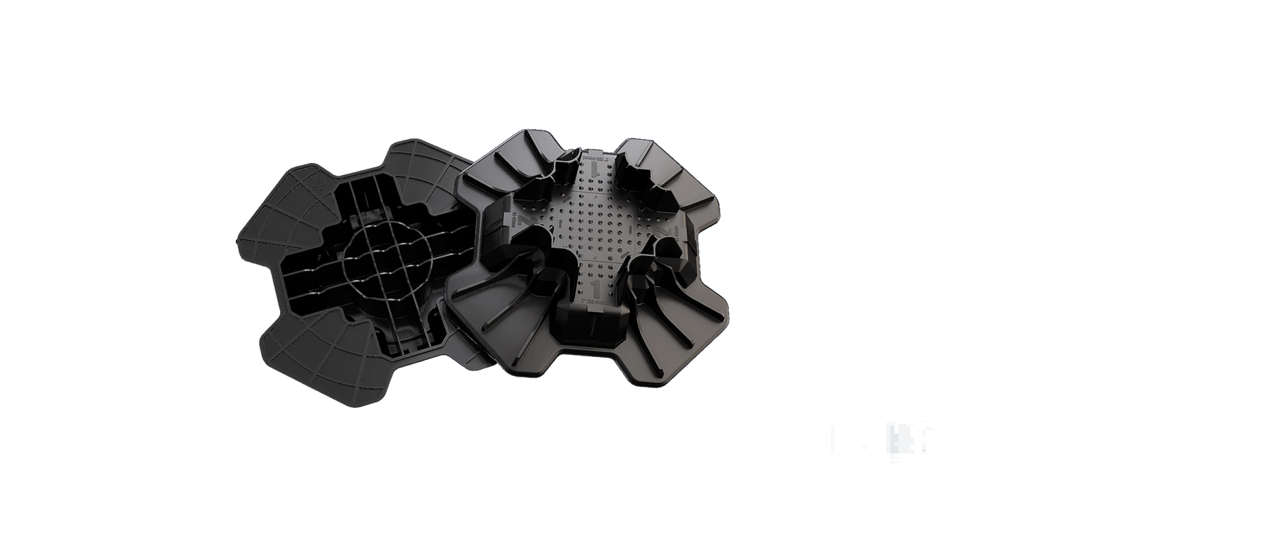 TuffBlock underside and topside, showing upright fins, dimples, grid ribs and clover feet