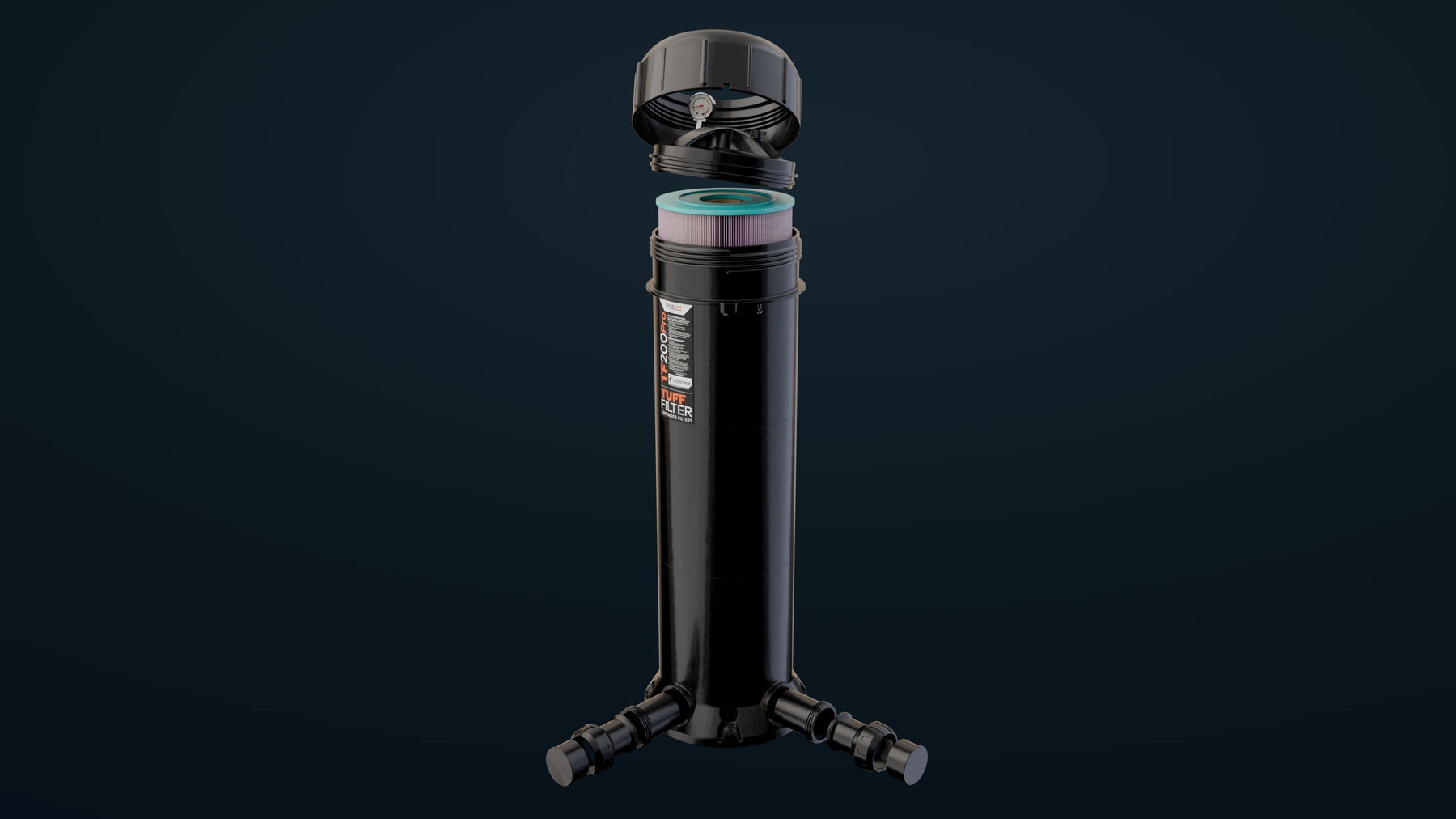 TuffFilter TF200PRO exploded view on a dark background: lid, cartridge, body, inlet and outlet ports