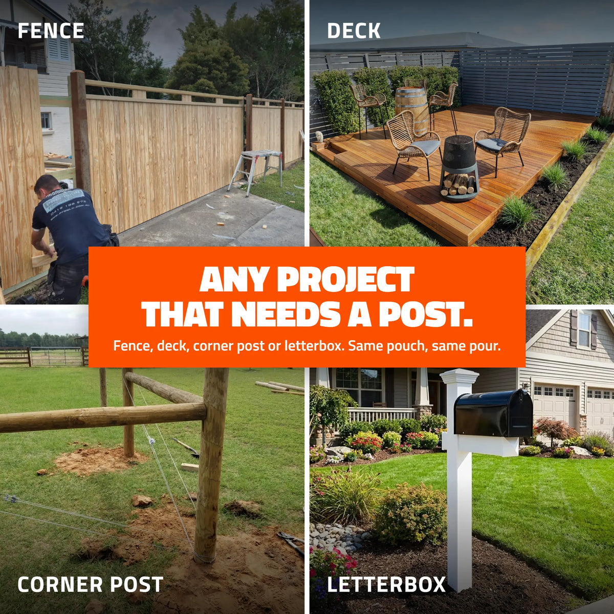 Four post projects TuffSpec can set: a fence, a deck, a corner post, and a letterbox