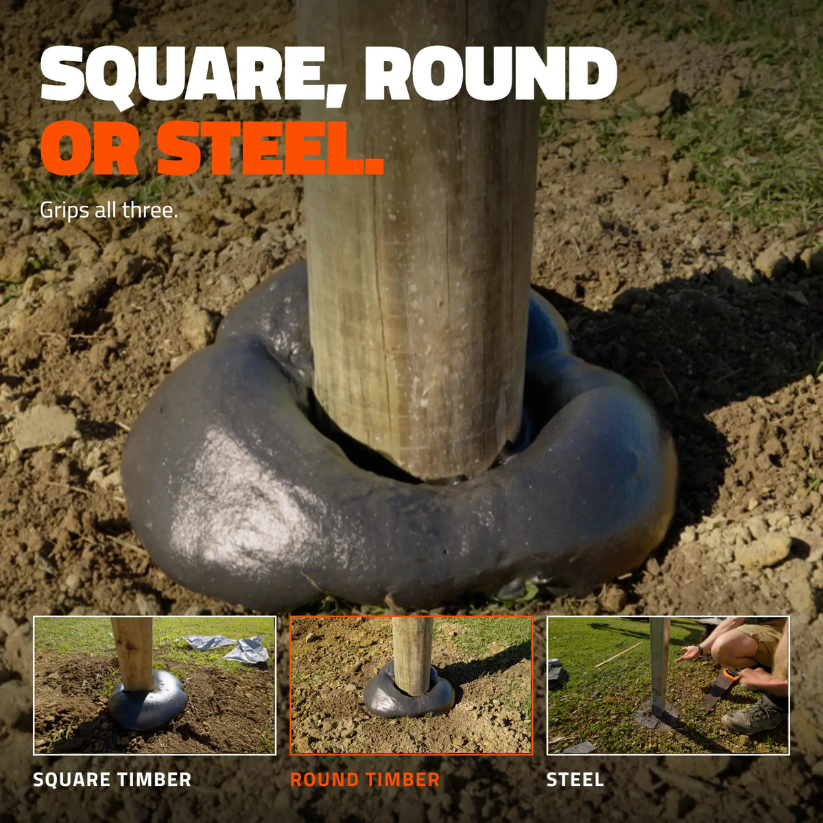 TuffSpec set around a round timber post, with square timber and steel post examples shown below