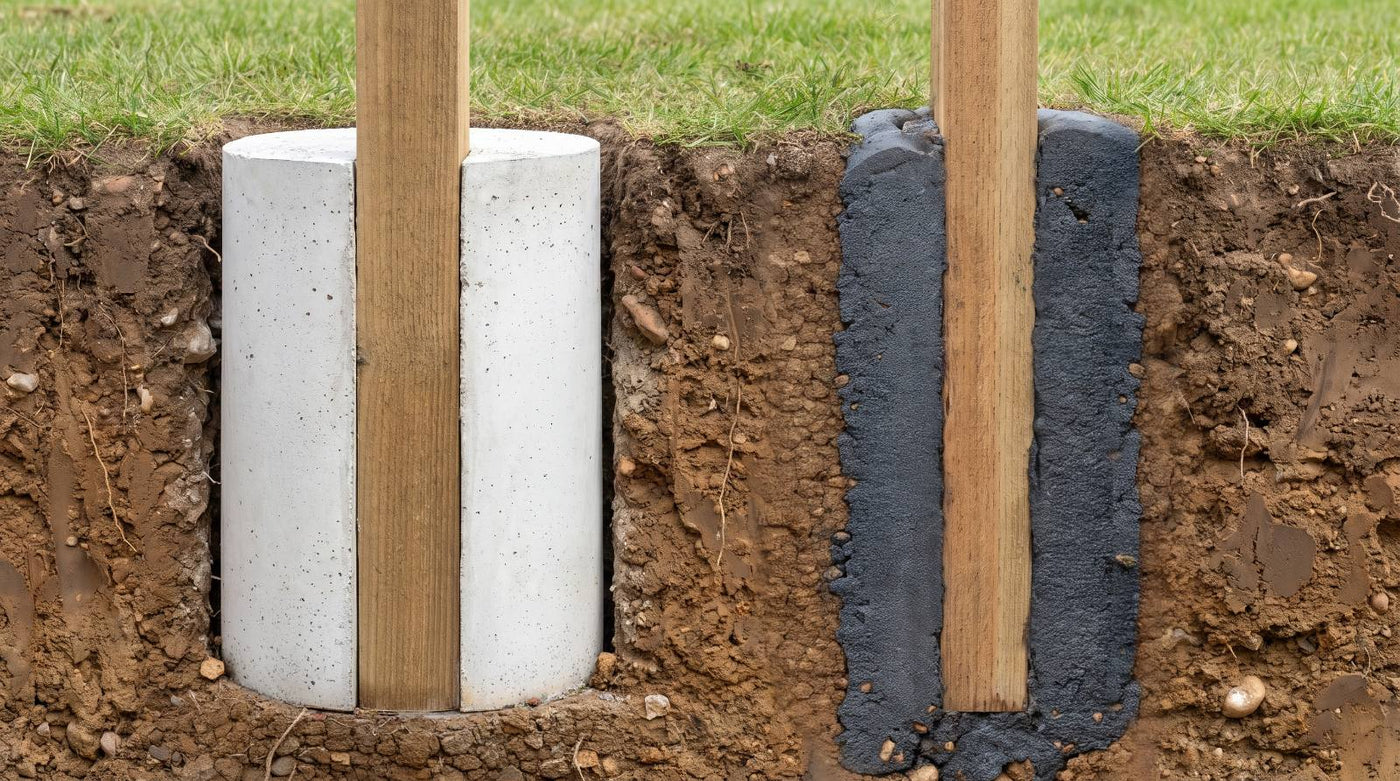 Cross-section: concrete footing left, TuffSpec column right